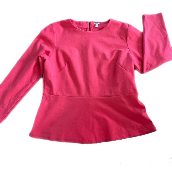 J. Crew Tops - J. Crew Ponte Peplum Barbie Pink Stretch Long Sleeve Back Zipper Top Size XL